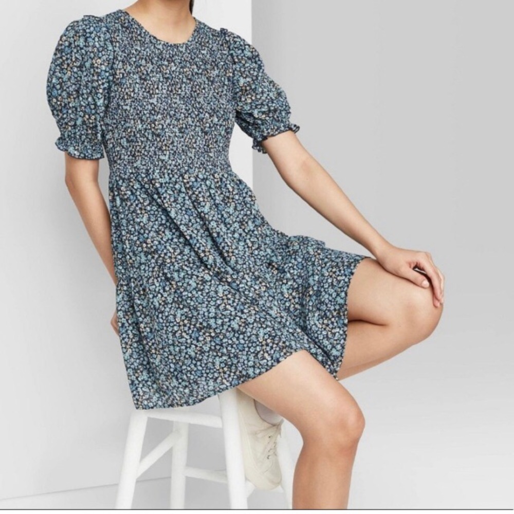 “Wild Fable”, blue floral, smocked bodice, tiered babydoll dress, size M - Picture 3 of 16